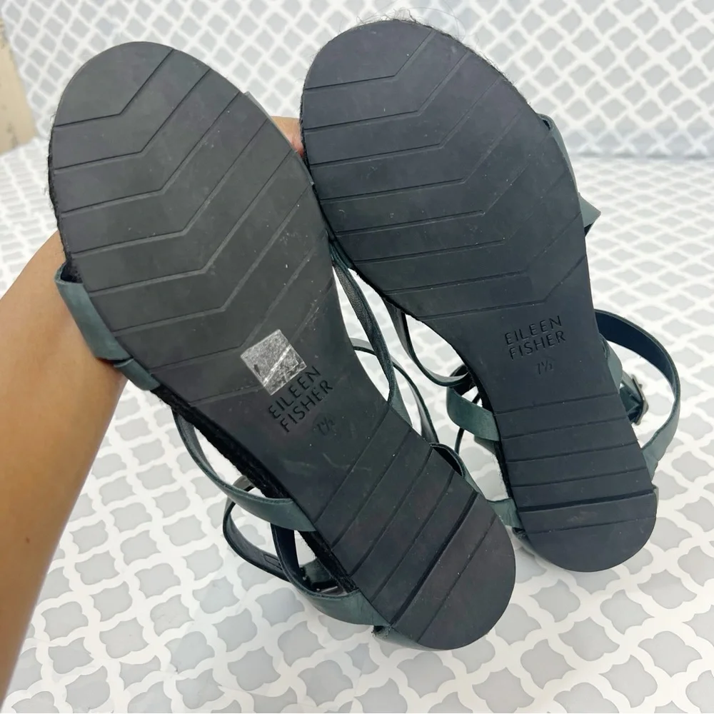 EUC Eileen Fisher Grey Nubuck Leather Strappy Espadrille Ankle Strap Sandal